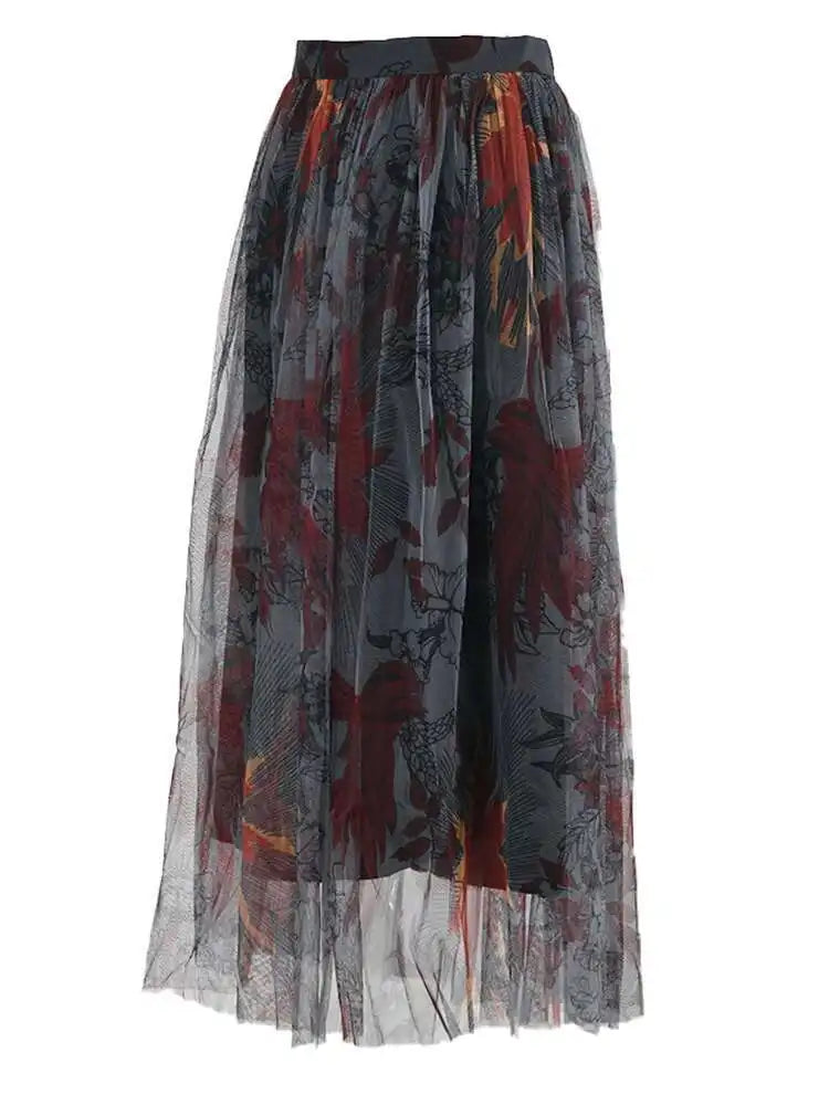 High Waist Black Pattern Printed Mesh Duoble Layers Half-body Skirt Women Fashion Tide New Spring Autumn 2025 2D1323