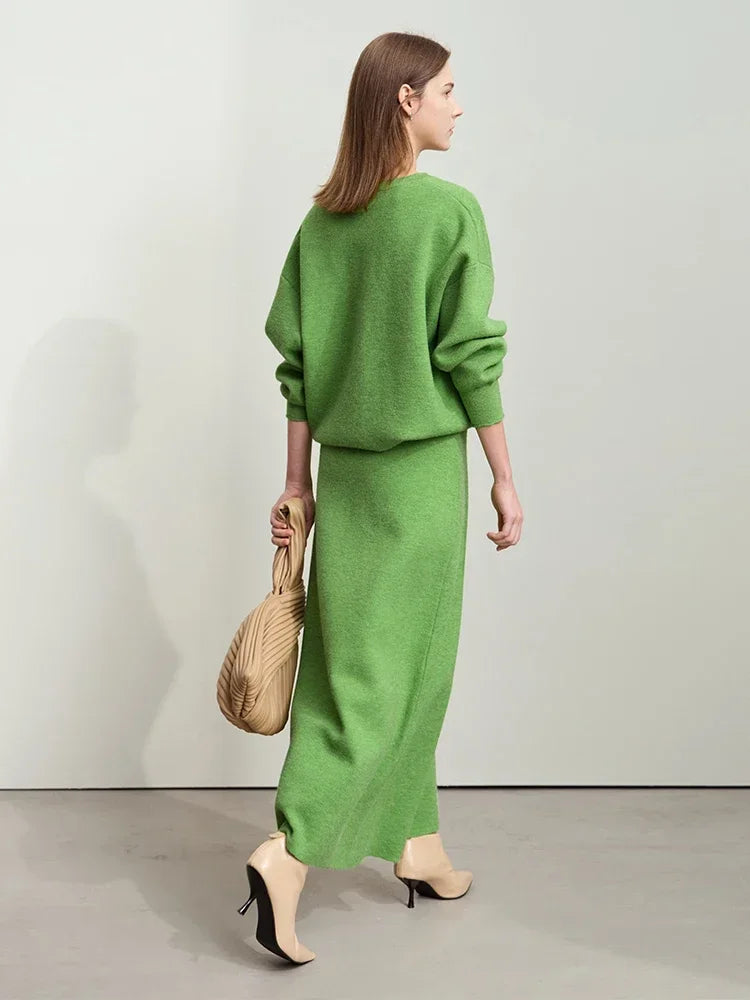 Minimalist Women Knitted Skirts 2024 Fall Winter Casual Elegant Elastic Waist Loose A-line Office Lady Midi Skirt 12444070