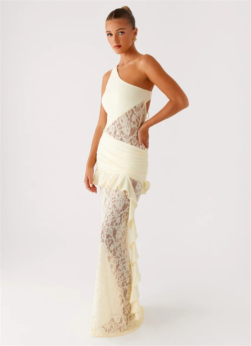 One Shoulder Backless Sexy Maxi Dress Women Lace Patchwork Fashion Sleeveless Lace-up Draped Ruffle Club Long Dress