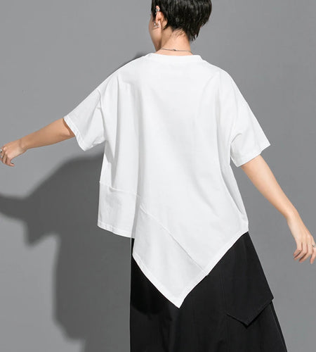 Women White Irregular Pleated Big Size Casual T-shirt New Round Neck Short Sleeve Fashion Tide Spring Summer 2025 1DJ1750