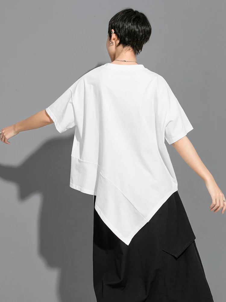 Women White Irregular Pleated Big Size Casual T-shirt New Round Neck Short Sleeve Fashion Tide Spring Summer 2025 1DJ1750