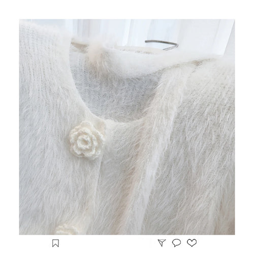 Load image into Gallery viewer, French Vintage Women Solid Elegant Long Sleeve Knitted Mink Sweater 2024 New Autumn Winter Ladies Round Neck Flower Cardigan Top
