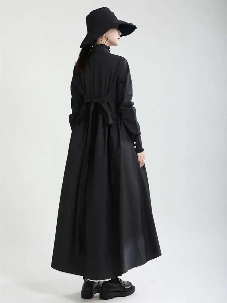 Women Black Layers Irregular Long Elegant Dress New Stand Collar Long Sleeve Fashion Tide Spring Autumn 2025 1DH9894