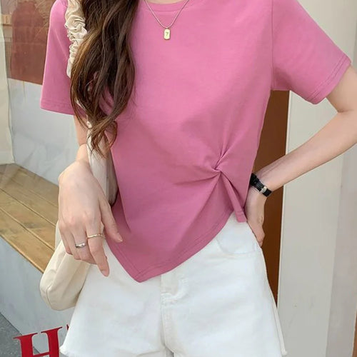 Load image into Gallery viewer, Y2K Irregular T-shirt Women Summer Skinny T Shirt Femme Solid Short Sleeve Korean Kpop Slim O-Neck Tshirt Woman Clothes Top
