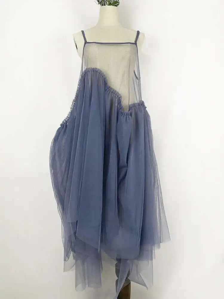 Women Green Mesh Layers Elegant Spaghetti Strap Dress New Square Collar Sleeveless Fashion Tide Spring Autumn 2025 1DJ0363