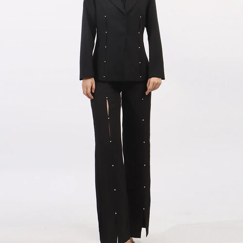 Load image into Gallery viewer, Solid Split Spliced Diamonds Two Piece Sets for Women Lapel Long Sleeves Blazer High Waist Pant Fashion Set Female
