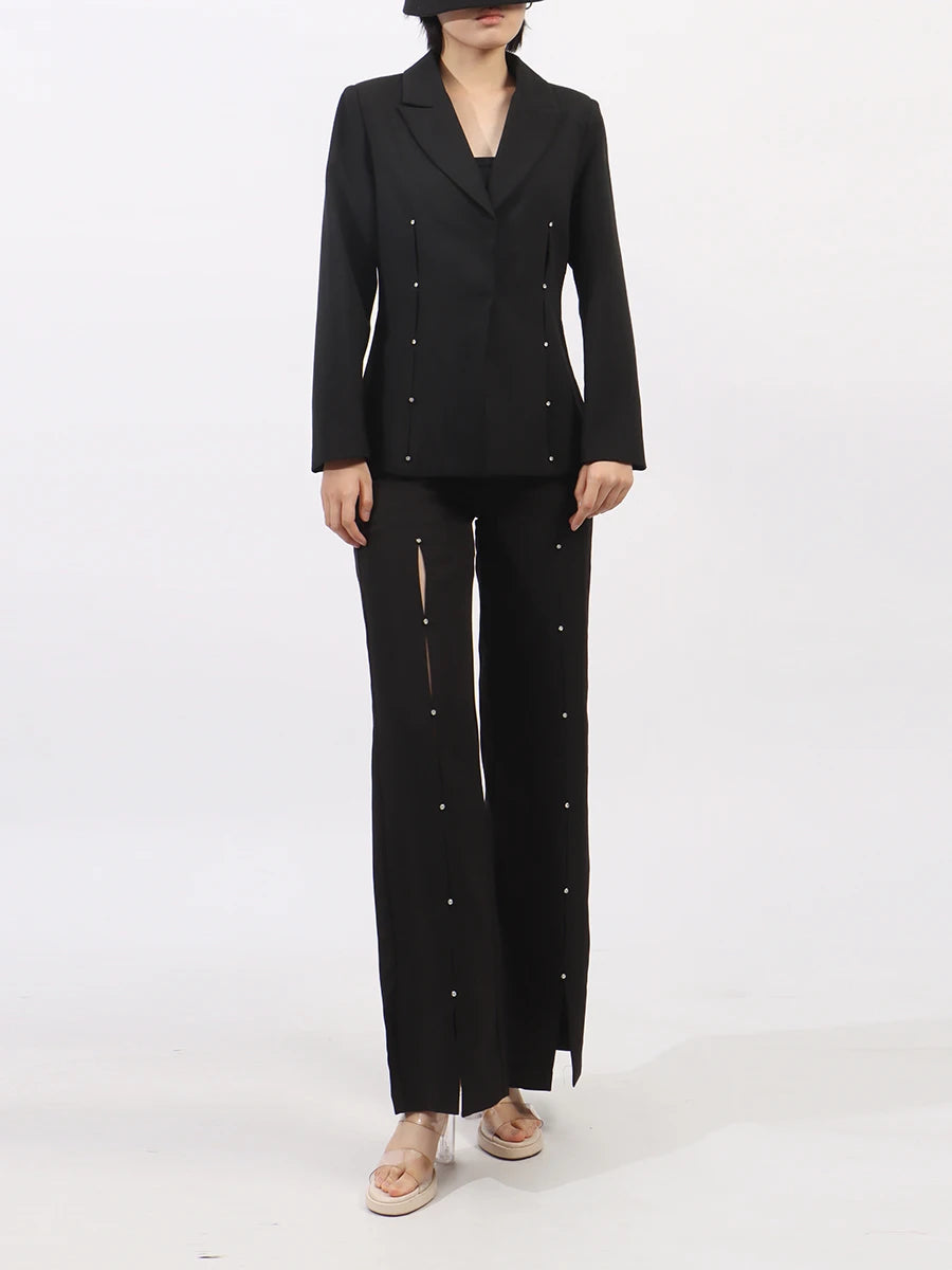 Solid Split Spliced Diamonds Two Piece Sets for Women Lapel Long Sleeves Blazer High Waist Pant Fashion Set Female