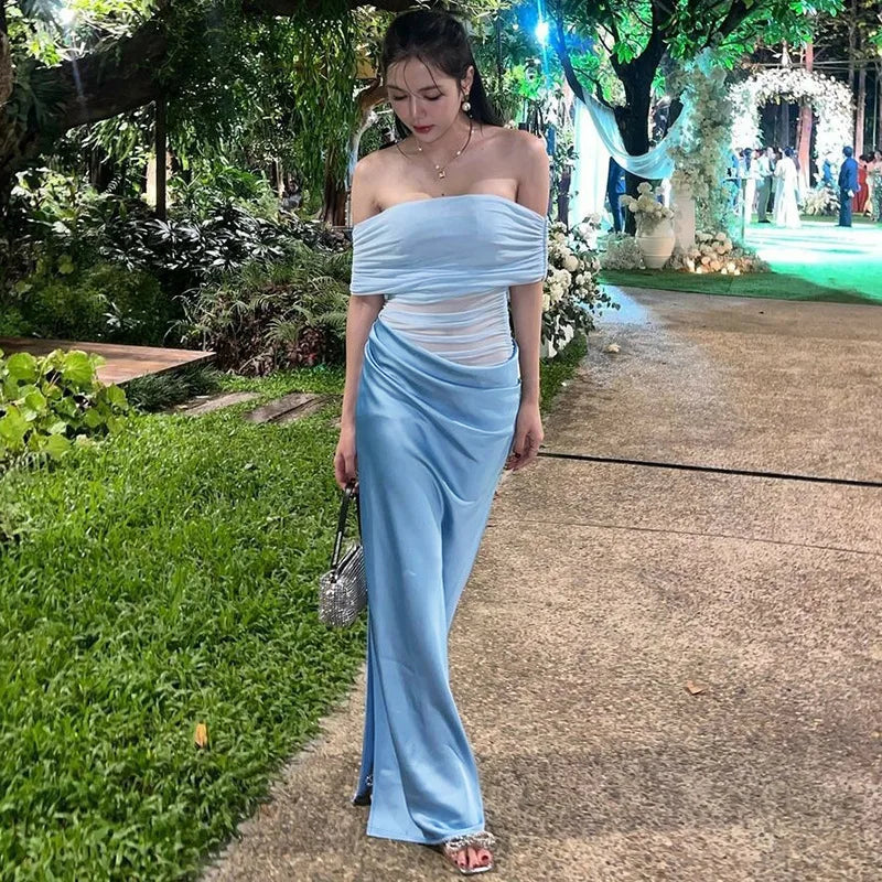 Off-shoulder Strapless Backless Sexy Maxi Dress For Women Gown Fashion Elegant Sleeveless Ruched Club Long Dress