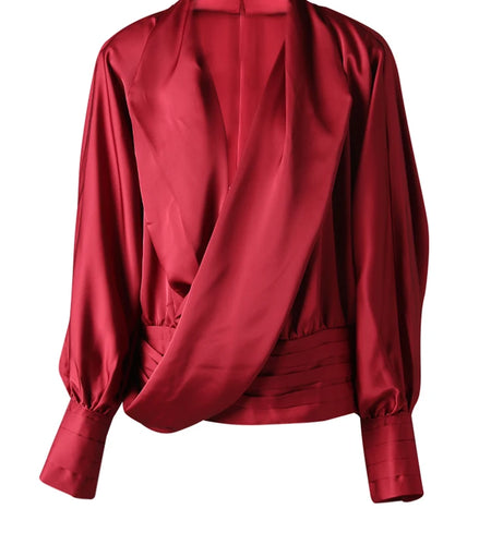 Women Red Irregular Pleated Big Size Elegant Blouse New V-neck Long Sleeve Shirt Fashion Tide Spring Autumn 2025  9C7045