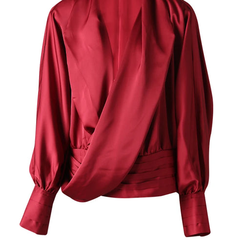 Load image into Gallery viewer, Women Red Irregular Pleated Big Size Elegant Blouse New V-neck Long Sleeve Shirt Fashion Tide Spring Autumn 2025  9C7045

