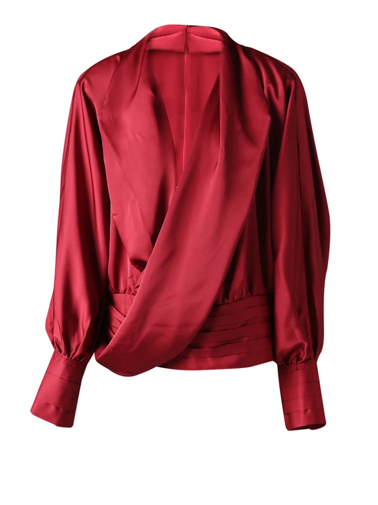 Women Red Irregular Pleated Big Size Elegant Blouse New V-neck Long Sleeve Shirt Fashion Tide Spring Autumn 2025  9C7045