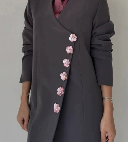 Solid Spliced Flower Buttons Temperament Jackets for Women V Neck Long Sleeves Jacket Female Fashion Clothing New