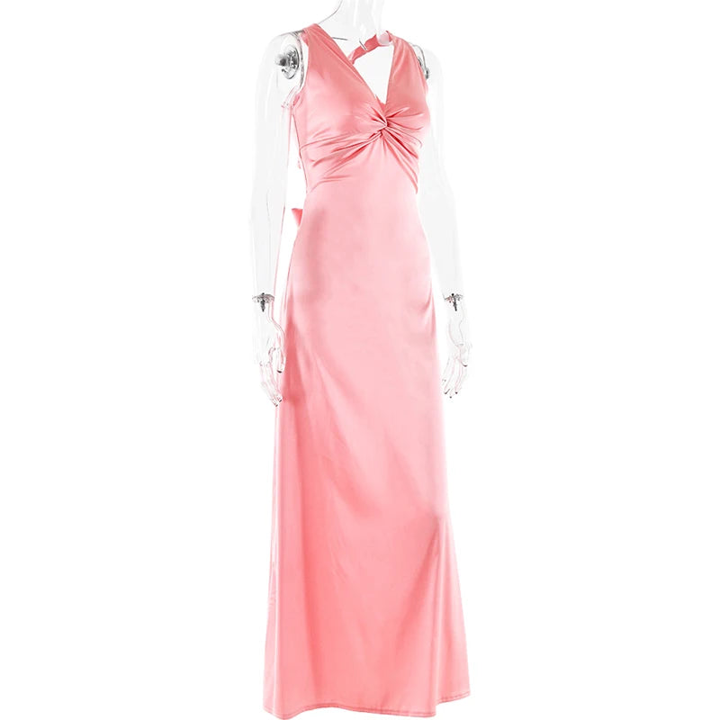 Satin Bow Backless Sexy Maxi Dress For Women Gown Fashion V Neck Sleeveless Club Party Evening Dress Elegant