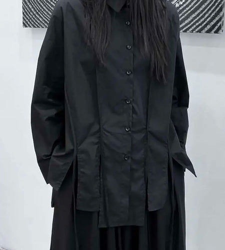Women Black Irregular Slit Hem Big Size Casual Blouse New Lapel Long Sleeve Shirt Fashion Tide Spring Autumn 2025 1DH5095