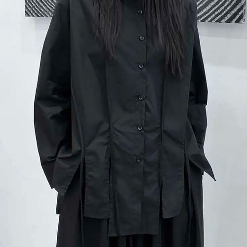 Load image into Gallery viewer, Women Black Irregular Slit Hem Big Size Casual Blouse New Lapel Long Sleeve Shirt Fashion Tide Spring Autumn 2025 1DH5095
