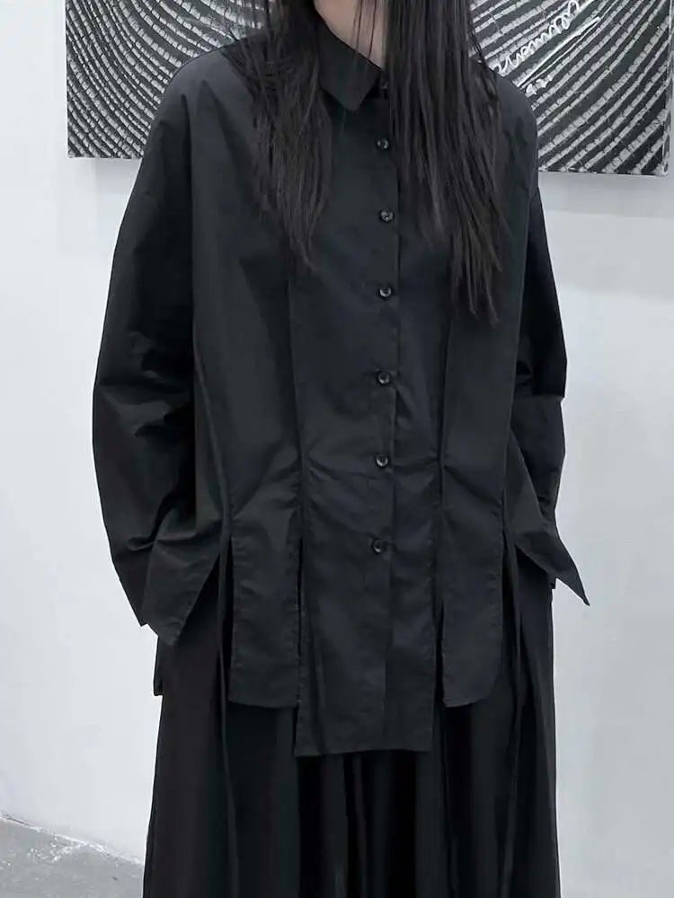 Women Black Irregular Slit Hem Big Size Casual Blouse New Lapel Long Sleeve Shirt Fashion Tide Spring Autumn 2025 1DH5095