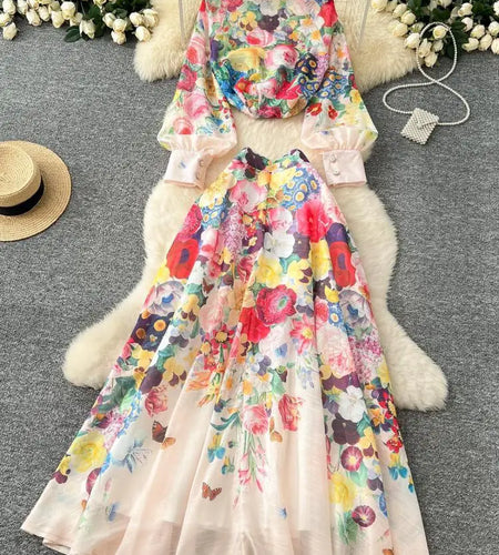 Spring Women's Beige Flower Elegant Long Sleeved Button Tops And High Waist Pleated Long Skirt French Vintage Two-piece Set Boho