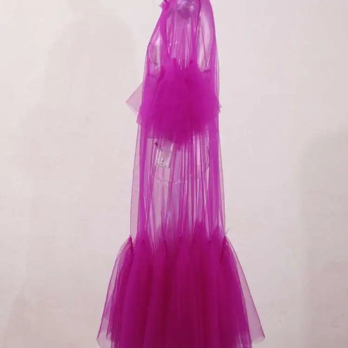 Load image into Gallery viewer, Women Purple Ruffles Mesh Perspective Big Size Long Dress New Round Neck Half Sleeve Fashion Spring Summer 2025 JR7711
