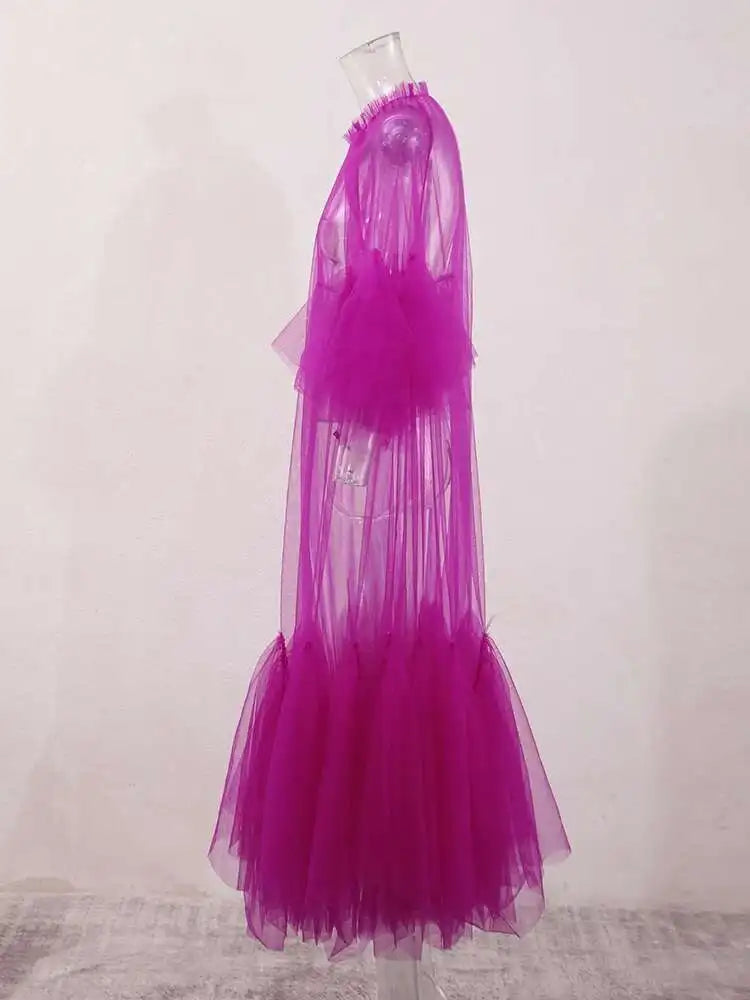 Women Purple Ruffles Mesh Perspective Big Size Long Dress New Round Neck Half Sleeve Fashion Spring Summer 2025 JR7711