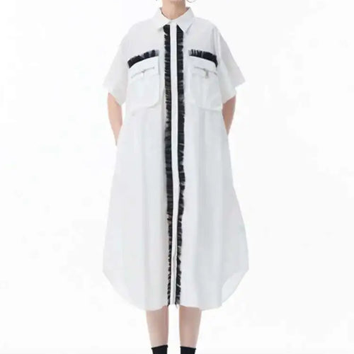 Load image into Gallery viewer, Women White Mesh Color-block Big Size Midi Shirt Dress New Lapel Short Sleeve Fashion Tide Spring Summer 2025 1DJ0003
