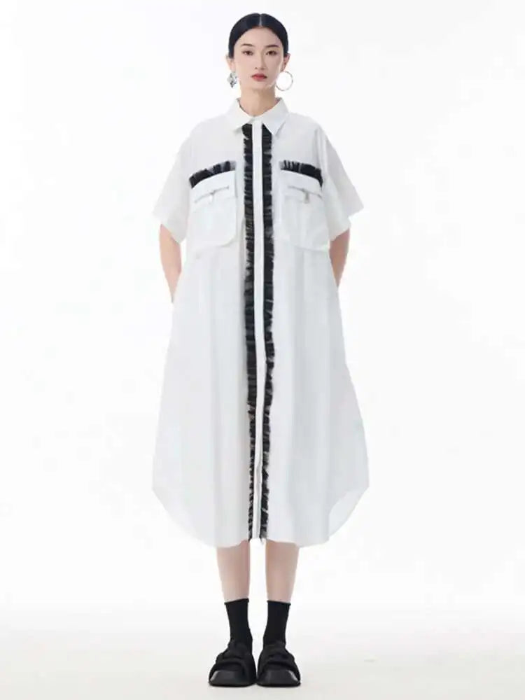 Women White Mesh Color-block Big Size Midi Shirt Dress New Lapel Short Sleeve Fashion Tide Spring Summer 2025 1DJ0003