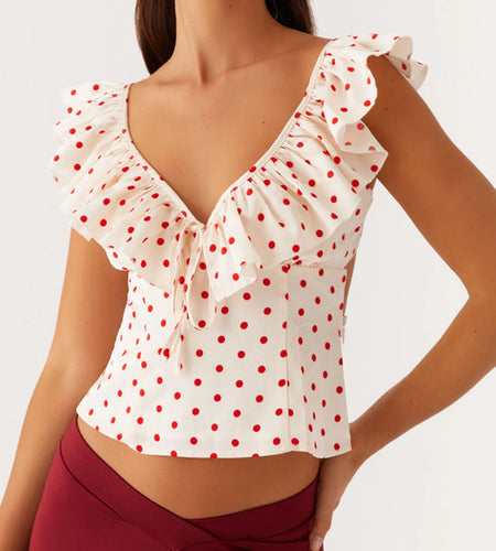 Polka Dot Crop Tops Summer Women Clothes Print Bow V Neck Short Sleeve Ruffle Trim T Shirts 2000s Clothing Streetwear