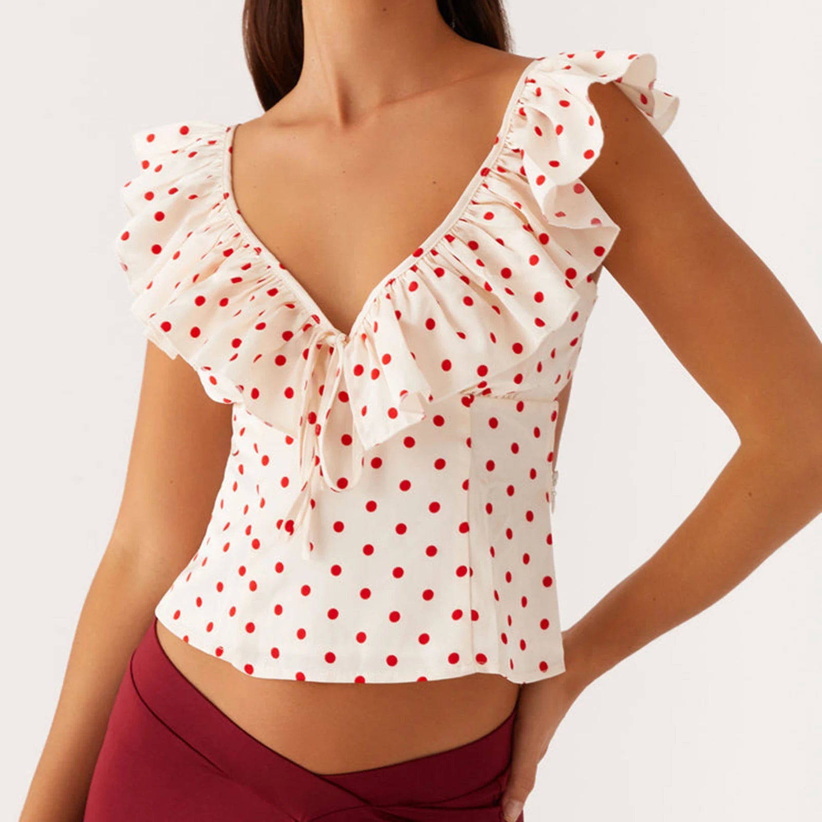 Polka Dot Crop Tops Summer Women Clothes Print Bow V Neck Short Sleeve Ruffle Trim T Shirts 2000s Clothing Streetwear