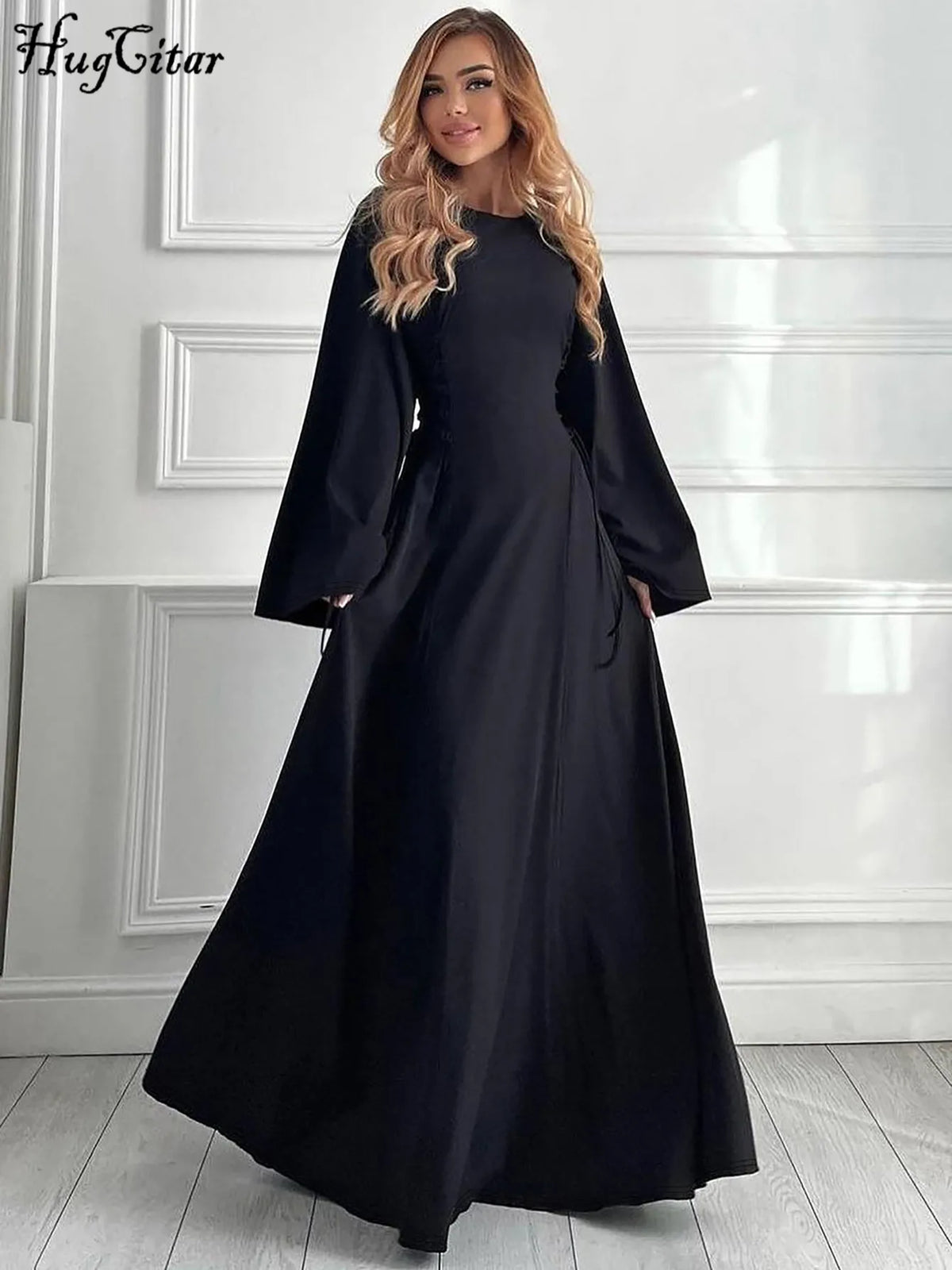 Ribbed Solid O Neck Long Flare Sleeve Bandage Sexy Bodycom Maxi Dress Fall Elegant Y2K Outfits Birthday Party Outfits