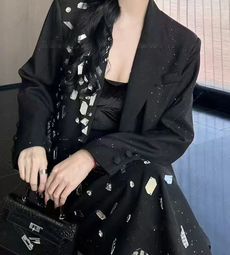 Solid Spliced Diamonds Two Piece Set For Women Lapel Long Sleeve Coat High Waist Temperament Skirts Sets Female New