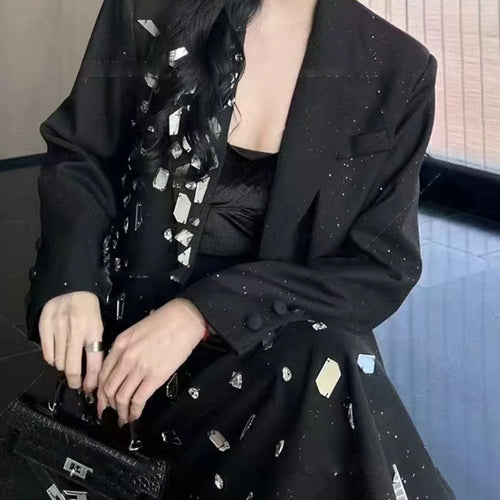 Load image into Gallery viewer, Solid Spliced Diamonds Two Piece Set For Women Lapel Long Sleeve Coat High Waist Temperament Skirts Sets Female New
