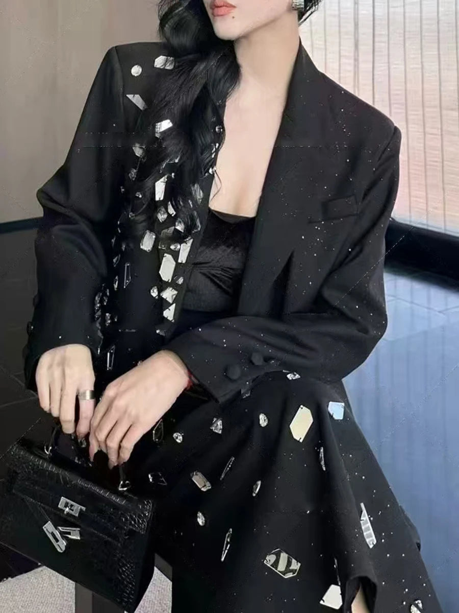 Solid Spliced Diamonds Two Piece Set For Women Lapel Long Sleeve Coat High Waist Temperament Skirts Sets Female New