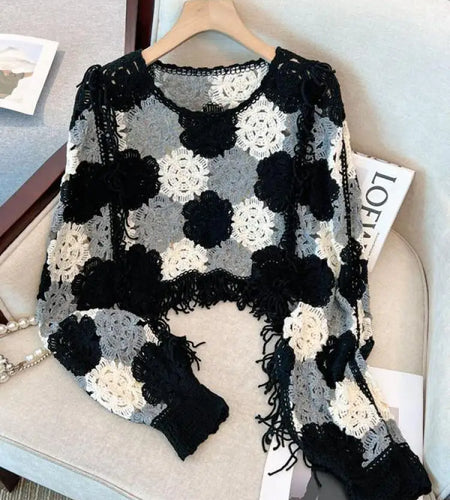 French Vintage 2024 New Women's Patchwork Tassel Hollow Out Long Sleeved Crochet Sweater Autumn Round Neck Elegant Knitted Tops