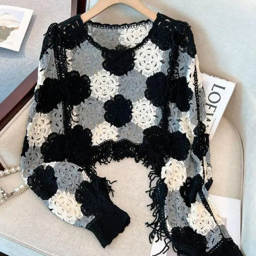 Load image into Gallery viewer, French Vintage 2024 New Women's Patchwork Tassel Hollow Out Long Sleeved Crochet Sweater Autumn Round Neck Elegant Knitted Tops
