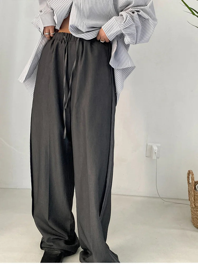 High Elastic Waist Gray Brief Long Wide Leg Pants New Loose Fit Trousers Women Fashion Tide Spring Autumn 2025 1DF1148