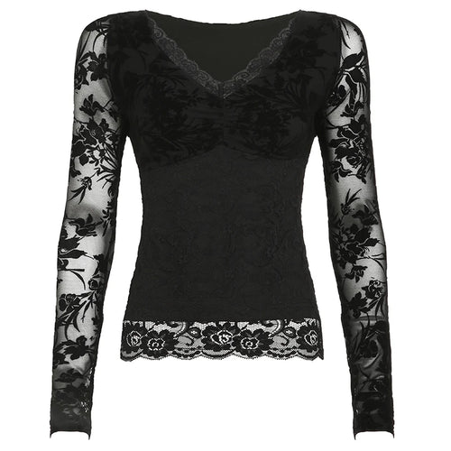 Load image into Gallery viewer, Fashion Lace Hook Flowers Black T-shirt For Women V-Neck Long Sleeve Slim Spring Bodycon Top Folds Gothic Dark Shirts
