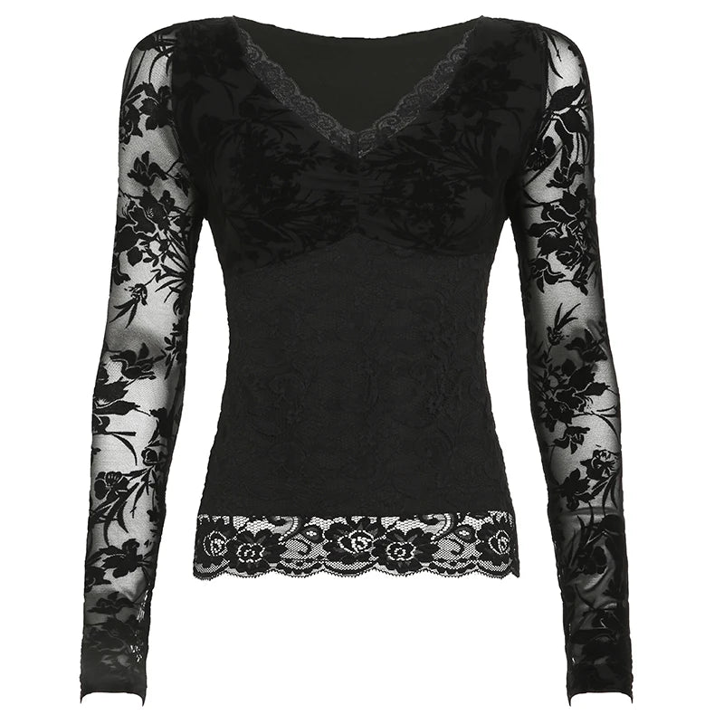 Fashion Lace Hook Flowers Black T-shirt For Women V-Neck Long Sleeve Slim Spring Bodycon Top Folds Gothic Dark Shirts