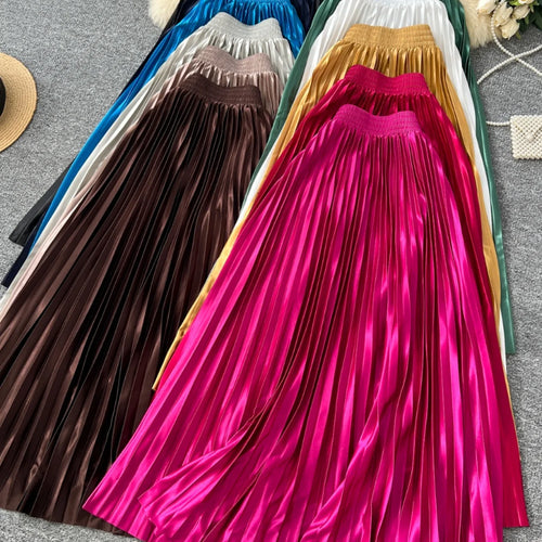 Load image into Gallery viewer, French Retro Women Fashion Solid Elegant Long Skirt Autumn Winter Elastic High Waist Popular Pleated Skirt Simplicity Streetwear
