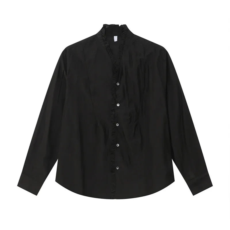 Niche Design Men's Shirts Pleated Lacework Design Solid Color Casual Tops Long Sleeve Single Breasted Loose Menswear 9W1254