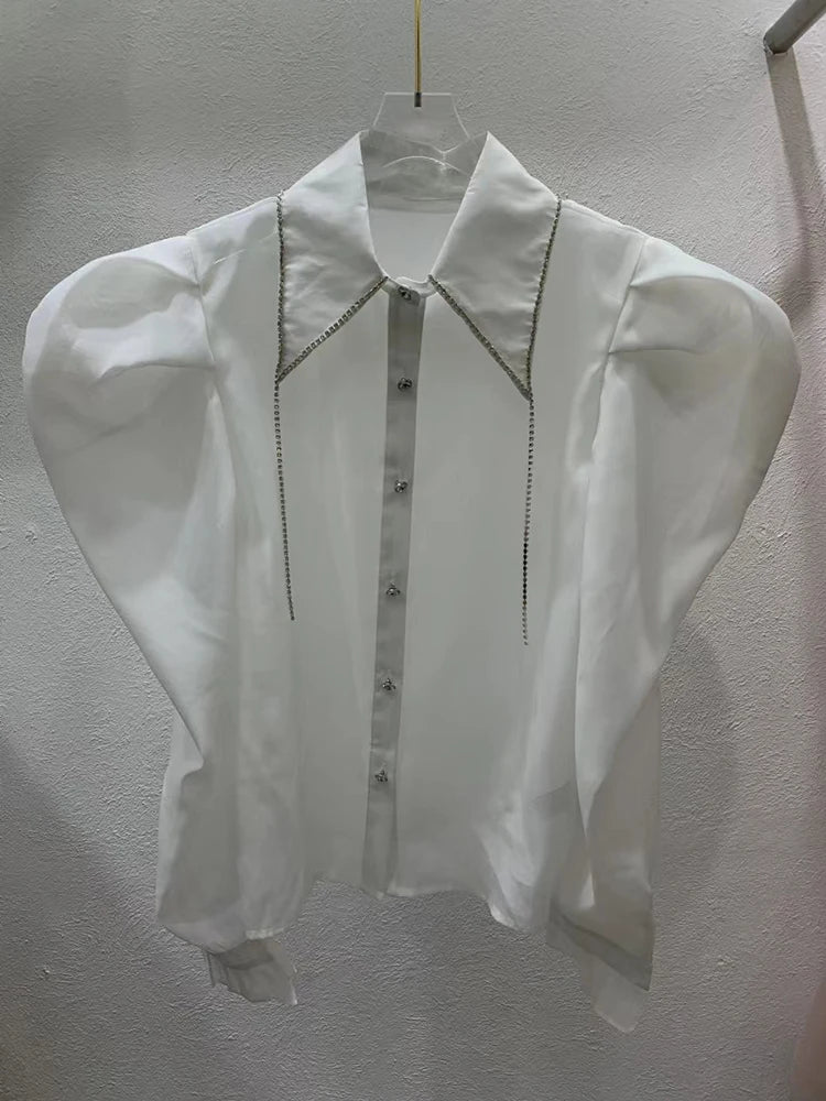 Slim Patchwork Diamonds Tassels Shirt For Women Lapel Puff Sleeve Solid Minimalist Button Through Blouse Female