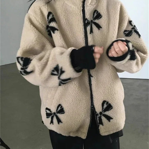 Load image into Gallery viewer, Streetwear Chic Lamb Wool Jacket Women Winter Clothing Stand Neck Zipper Outwear Y2k Tops Korean Fashion Print Casual Warm Coats
