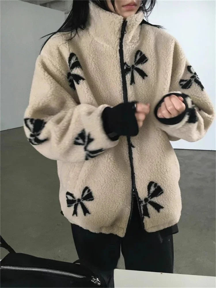 Streetwear Chic Lamb Wool Jacket Women Winter Clothing Stand Neck Zipper Outwear Y2k Tops Korean Fashion Print Casual Warm Coats