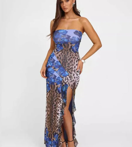 Sexy Strapless Ruffle Edge Slit Dress Women 2024 Summer New Strapless Printed Temperament Vestido Party Evening Dress