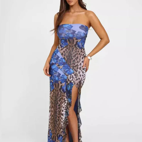 Load image into Gallery viewer, Sexy Strapless Ruffle Edge Slit Dress Women 2024 Summer New Strapless Printed Temperament Vestido Party Evening Dress

