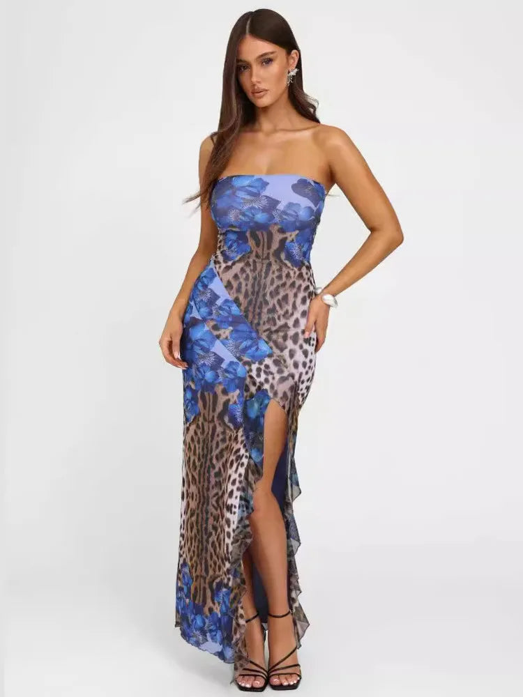 Sexy Strapless Ruffle Edge Slit Dress Women 2024 Summer New Strapless Printed Temperament Vestido Party Evening Dress
