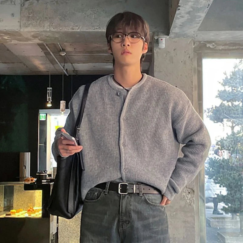 Round Collar Men's Sweaters Knitting Korean Style Single Breasted Solid Color Loose Male New Spring Cardigan Fashion 9W1195