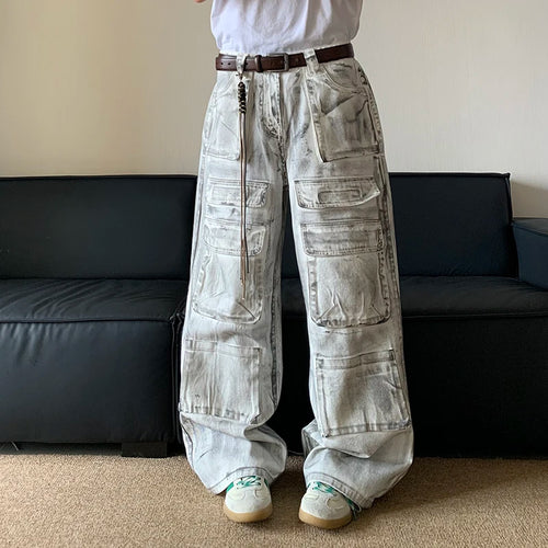 Load image into Gallery viewer, American Style Multi Pocket Straight Workwear Jeans Men High Street Wide Leg Denim Pants Vintage Male Trousers 24E1021
