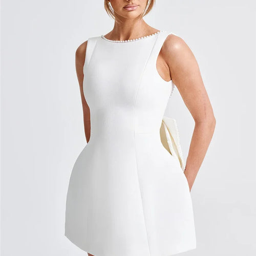 Load image into Gallery viewer, Pearl Bow Backless Sexy Mini Dress For Women Robe Fashion Zipper Sleeveless High Waist A-line Club Party Dress Elegant
