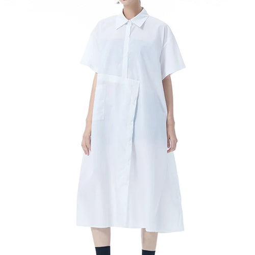 Load image into Gallery viewer, Women Black Irregular Button Big Size Midi Shirt Dress New Lapel Short Sleeve Fashion Tide Spring Summer 2025 1DJ0954
