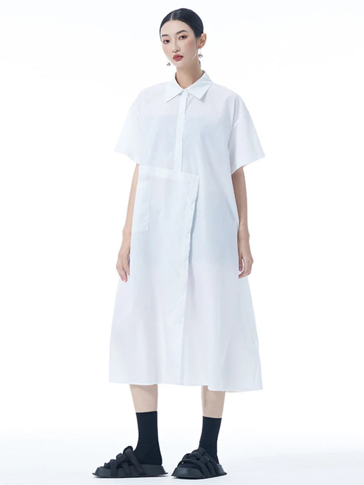 Women Black Irregular Button Big Size Midi Shirt Dress New Lapel Short Sleeve Fashion Tide Spring Summer 2025 1DJ0954