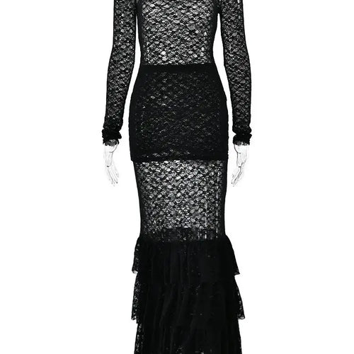 Load image into Gallery viewer, Elegant Long Sleeve Lace Long Skirt Set For Women Bodycon Ruffle Perspective Female Two Piece Set Sexy Holiday Beach

